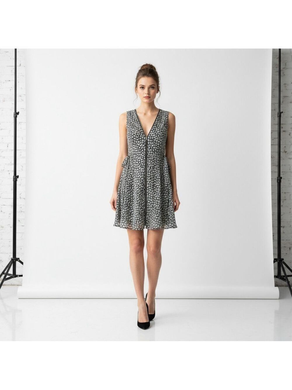 AllSaints Small Black White Floral Zip Front Sleeveless Mini Dress 90s Grunge